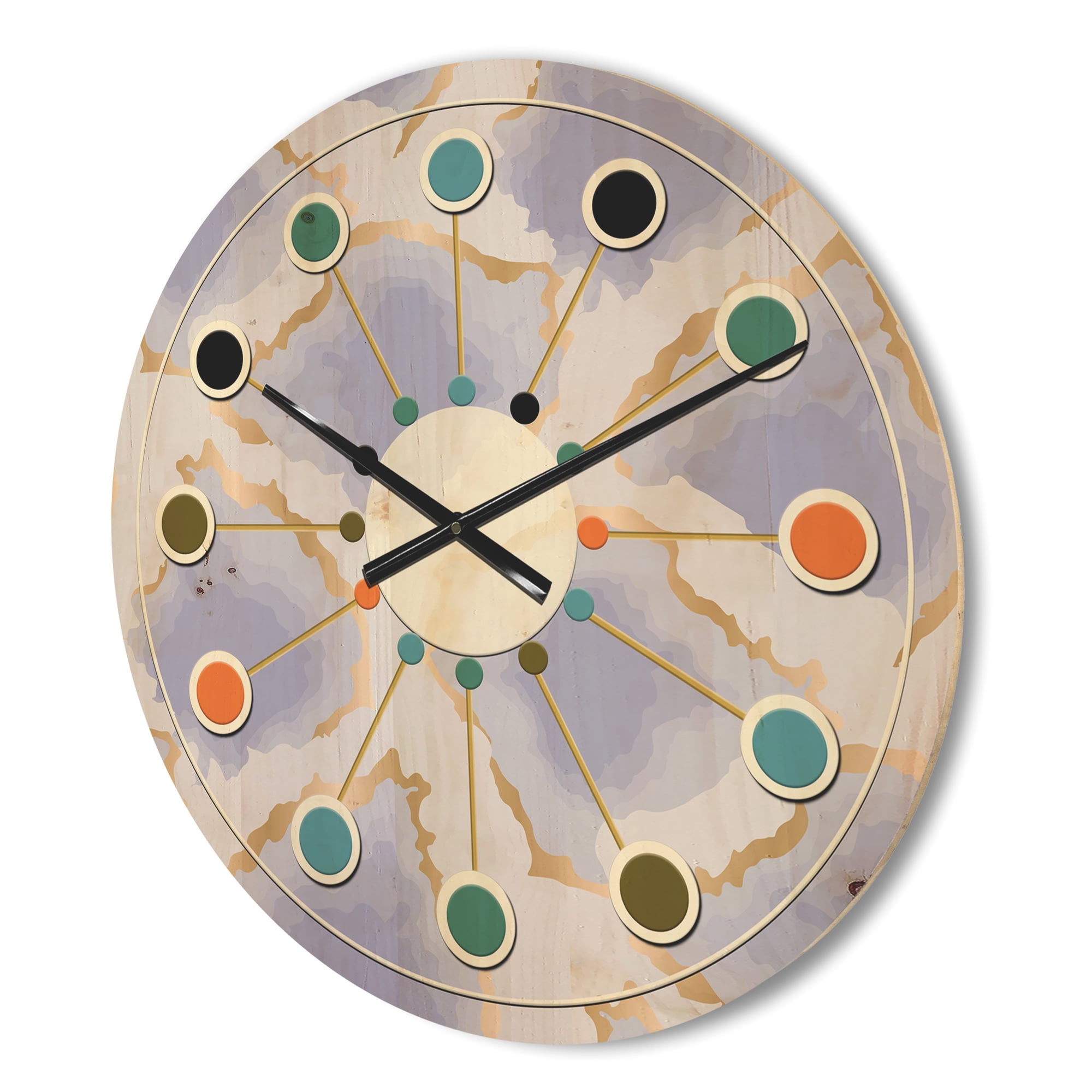 Designart 'Pastel Gold and Blue and Abstract Shapes Pattern' Mid-Century Modern Wood Wall Clock