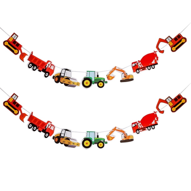 Banner de cumpleaños de construcción, guirnalda de camión excavadora, colgantes para fiesta temática, 2 uds.