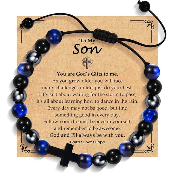 To My Son Grandson Brother Nephew Cross Bracelet Christmas Valentines Fathers Day Easter Baptism Confirmation Communion Birthday Graduation Gifts for Men with Inspirational Card