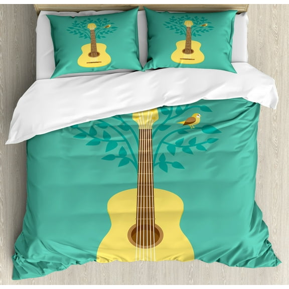 Guitar Duvet Cover Set King Size, Music Inspired Illustration Floral Pattern Bird Retro Style Instrument Nature, Decorative 3 Piece Bedding Set with 2 Pillow Shams, Seafoam Mustard, by Ambesonne