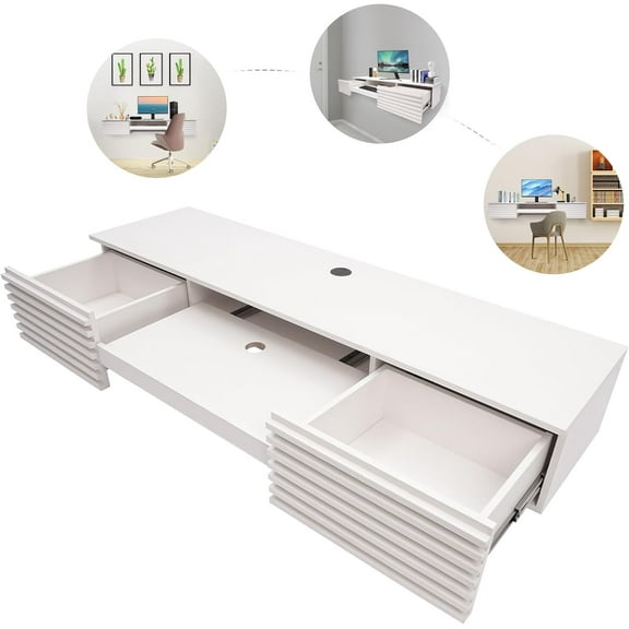 Floating Wall Mount Computer Desk Floating Shelf with 2 Drawer & Keyboard Tray Home Office Desk Workstation, Cable Hole, Laptop PC Table for Living Room, Bedroom, Office, White