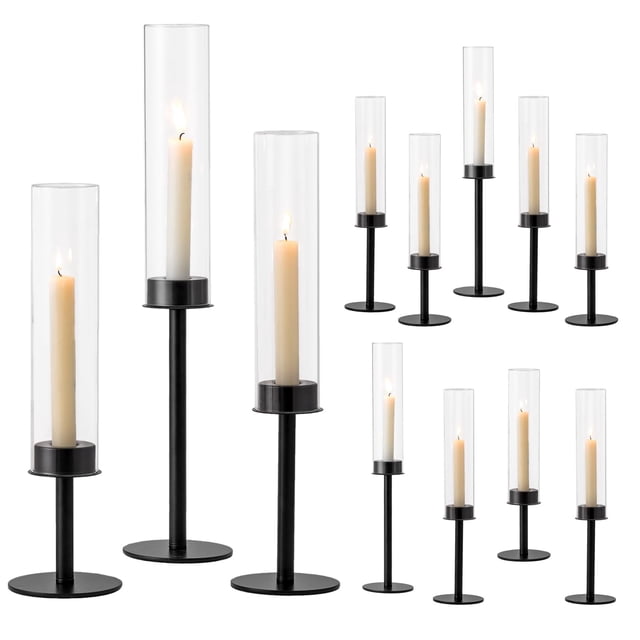 Juego de 12 portavelas Hewory de cristal de metal negro