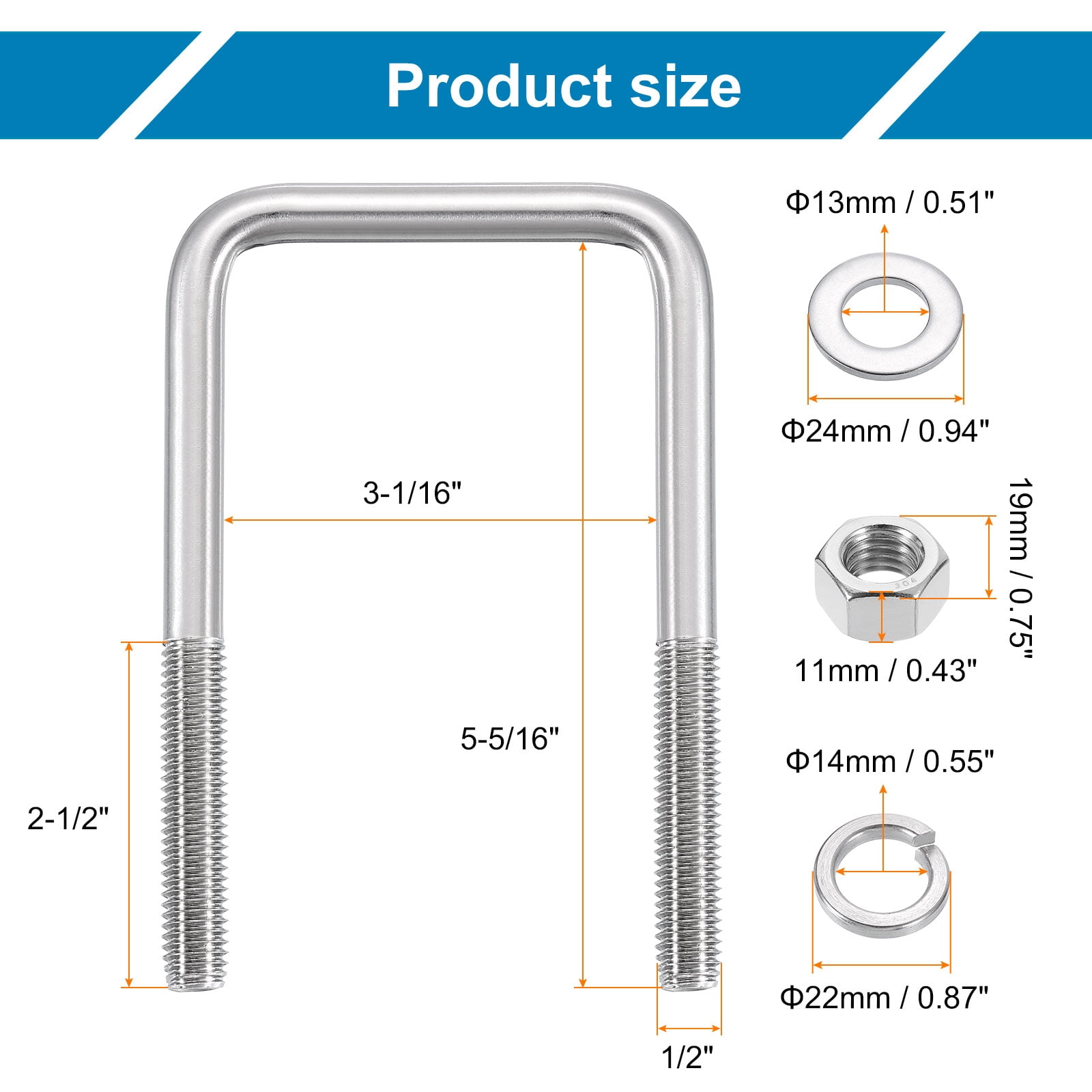 Uxcell U Bolts, 4 Set 3-1/16" x 5-5/16" - 304 Stainless Steel Square U Bolt with Washers and Nuts, Heavy Duty U-Bolts for Boat Trailer Ski Boat Trailer Sailboat Industrial Fasteners
