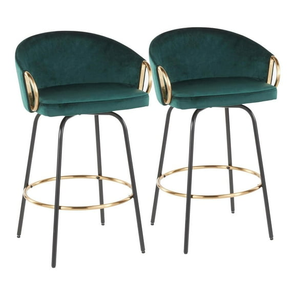 LumiSource Black Metal, Gold Metal, Emerald Green Velvet Claire Counter Stool - Set of 2
