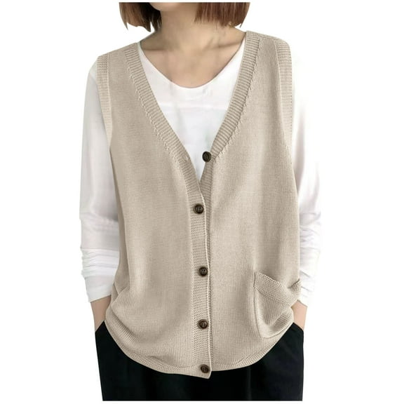 Hueook Womens Sweater Vest Fleece Vest Women Ladies' Spring and Winter Solid Color V-neck Button Knitted Sleeveless Tank Top Loose Hooded Beige Free Size