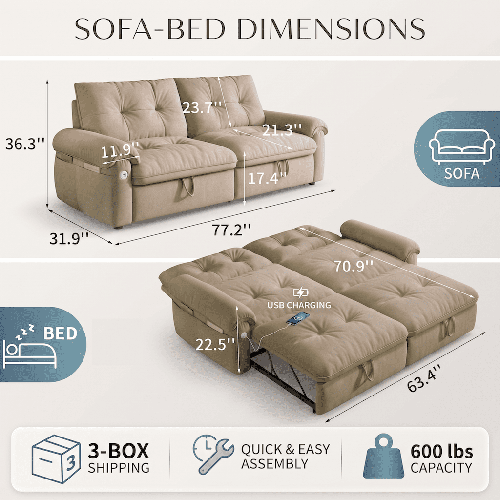 Xiweot Convertible Sleeper Sofa Bed, 77" Queen Size Pull Out Couch with Side Pocket, Adjustable Backrest & USB Ports, Comfy Velvet Loveseat for Living Room Apartment Small Space (Brown)
