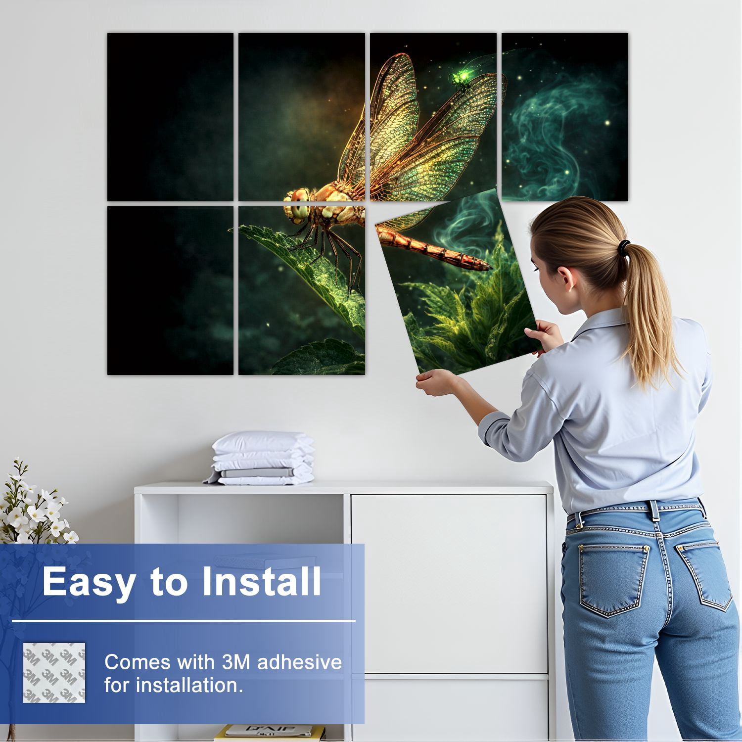 Gothic 8 Pack Art Acoustic Panels Sound Absorbing Golden Dragonfly Perched Green Leaf Wings Natural Lighting Decorative Soundproof Wall Panels Self Adhesive for Nursery Game Room Bedroom 48"x32"