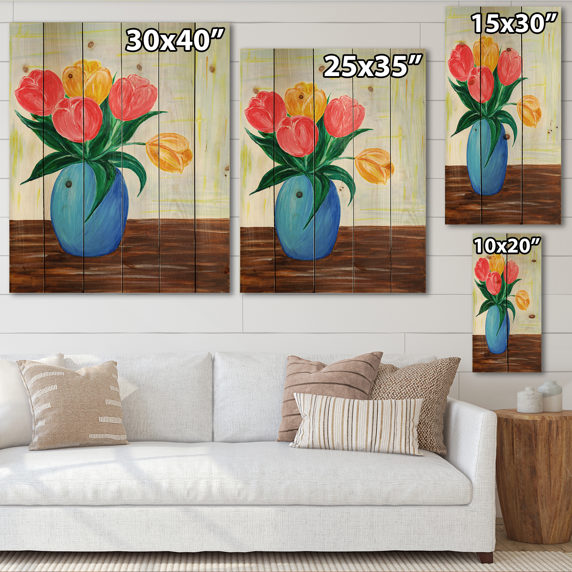 Designart 'Bouquet Of Orange and Red Tulips In A Vase' Traditional Print on Natural Pine Wood