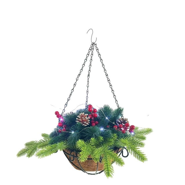 Cesta Colgante De Navidad Artificial Flocada Con Decoraciones Mixtas Y Luces Led Blancas Para Decoración De Exteriores Noticed HA039002-00