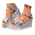 thumbnail image 2 of Shiny Metallic Platform Wedge Sandals for Women 2026 Summer Trendy Pu Leather Open Toe Ankle Strap Dressy Sandals, 2 of 9
