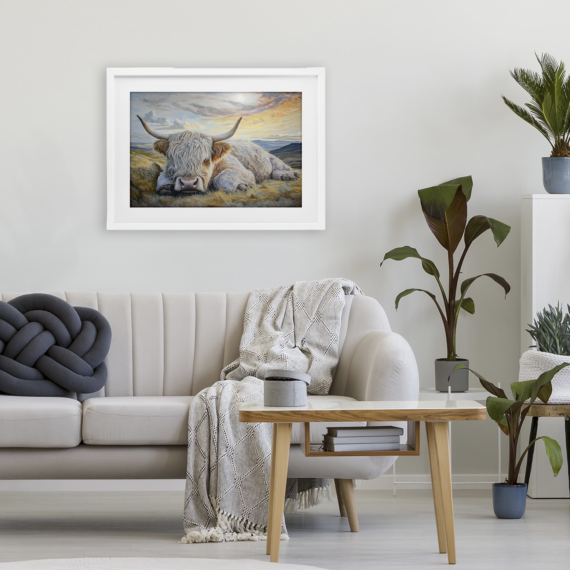 Stupell Industries Sleeping Highland Cow Pastoral White Framed Print Under Glass, design by The Wands Want