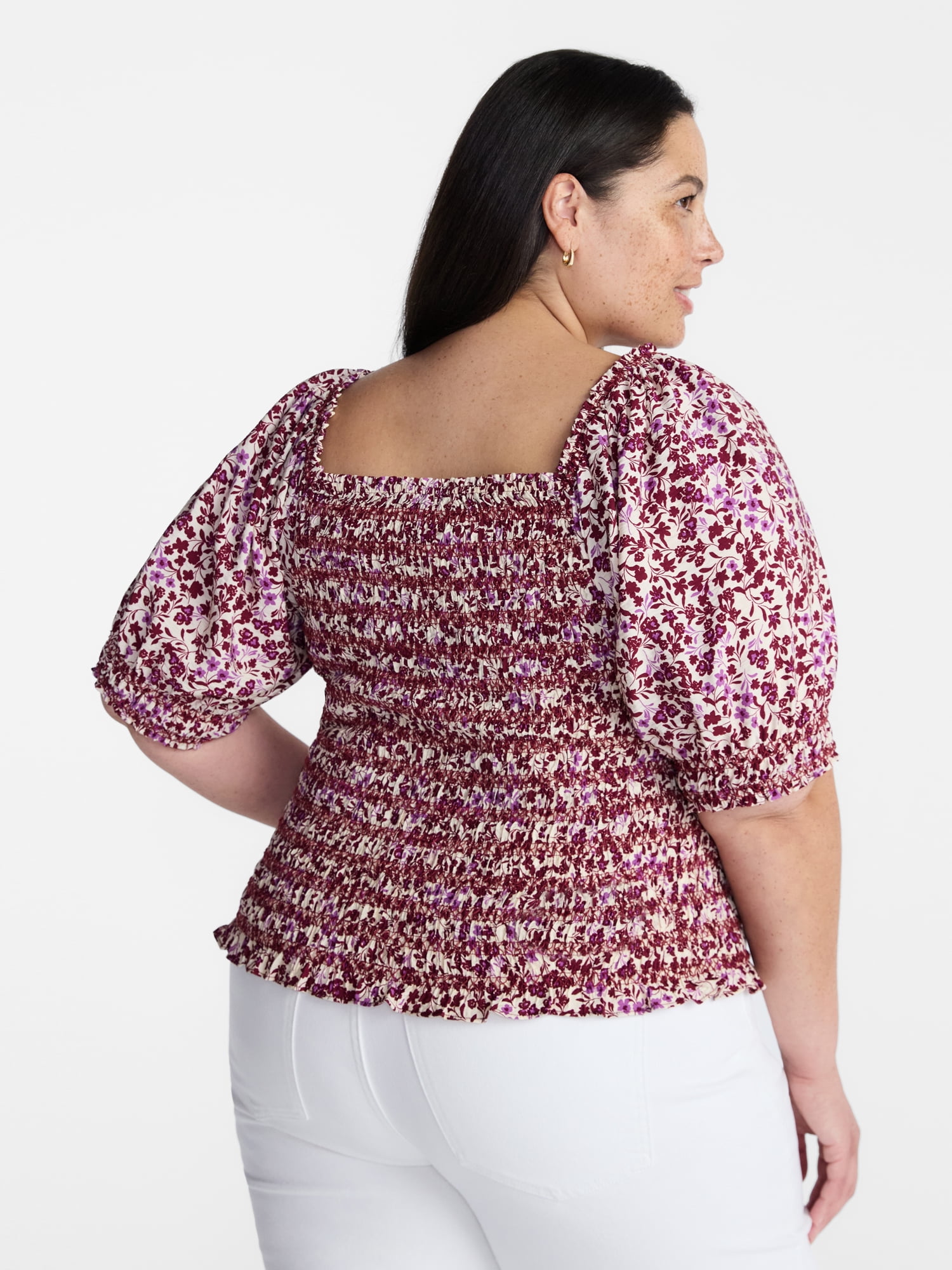 Terra and Sky Women’s Plus Smocked Blouse with Elbow Length Sleeves, Sizes 0X-4X