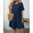 thumbnail image 4 of Women'S Summer Dresses 2025 Puff Sleeve Crew Neck High Waist Smocked A-Line Flowy Loose Fit Midi Dress Navy Blue L, 4 of 9