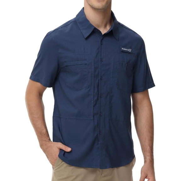 Zehisen Men's UPF 50 Sun Protection Short Sleeve Safari Shirts Fishing Shirts Hiking Work Casual Shirt with Zipper Pocket, Navy L