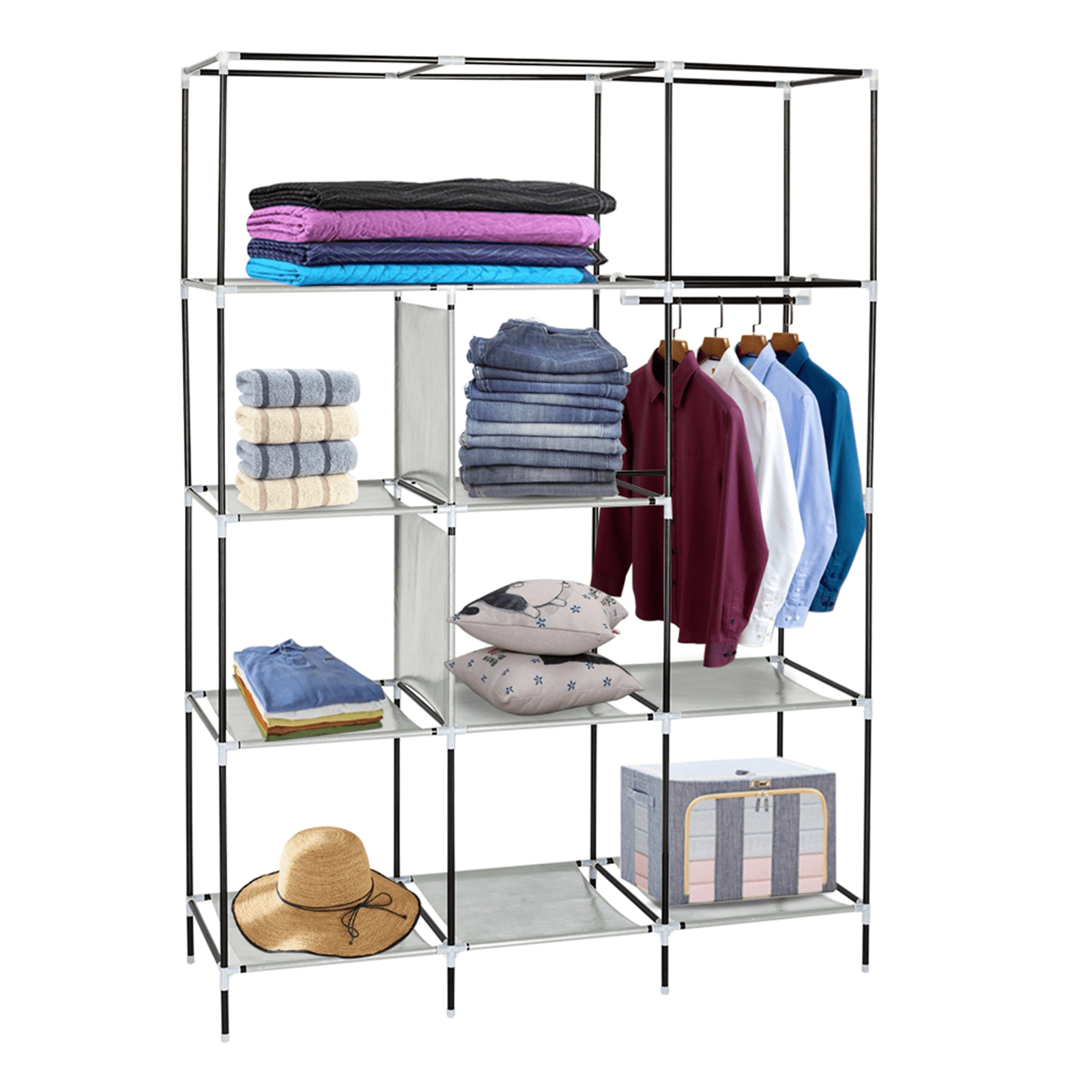 69" Elevated Portable Closet - Heavy Duty Steel Frame with 8 Shelves, High-Leg Design for Robot Vacuums, Dustproof Gray Wardrobe Organizer