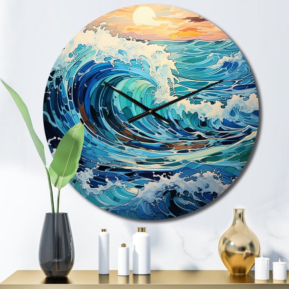 Designart "Of Wonder Coastal waves Waves painting IV" Nautical & Beach Oversized Wall Clock