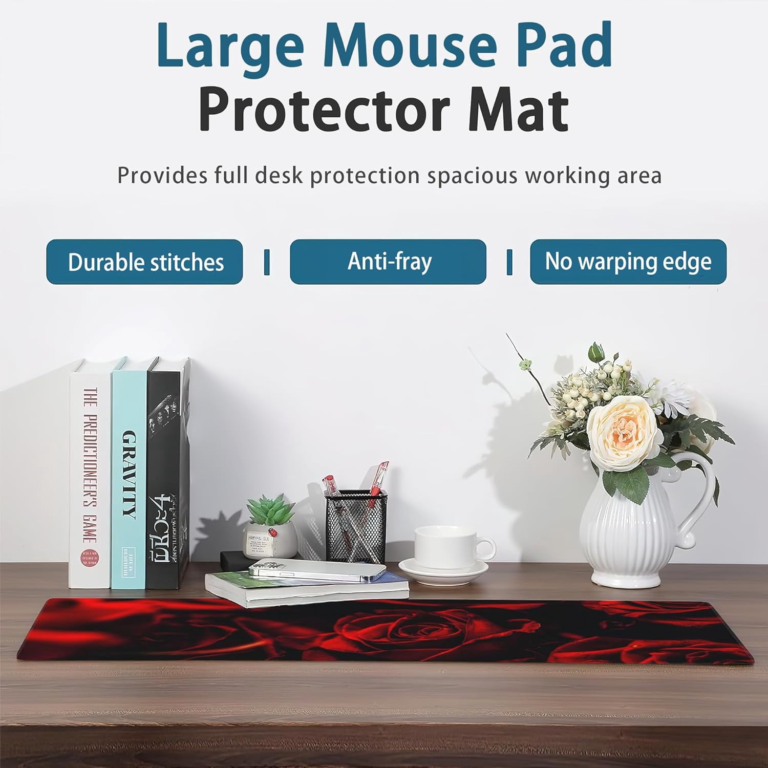Rose Gaming Mouse Pad, Abstract Red Rose and Black Leaves Extended Mouse Pad Gaming Large,Big Desk Mat with Non-Slip Base and Stitched Edge,Computer Keyboard Mouse Mat for Home Office 31.5"x11.8"