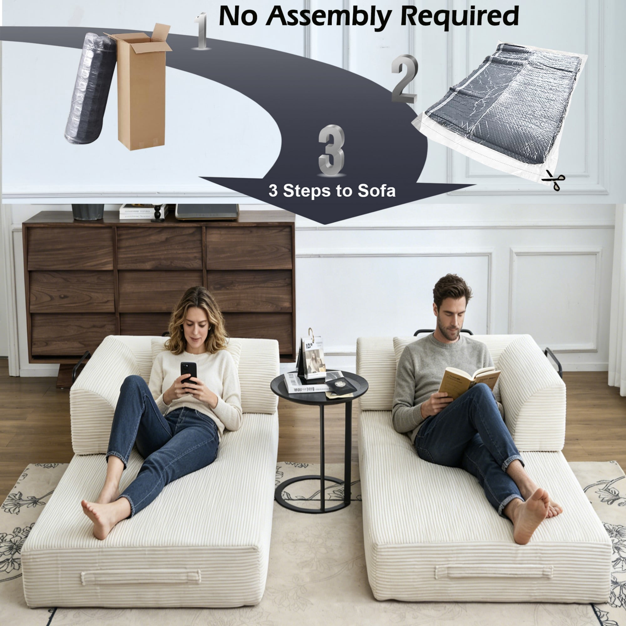 BSHTI 59" Corduroy Convertible Sleeper Sofa Bed with Cylindrical Pillow, No Assembly, Small Space for Living Room（Beige White）