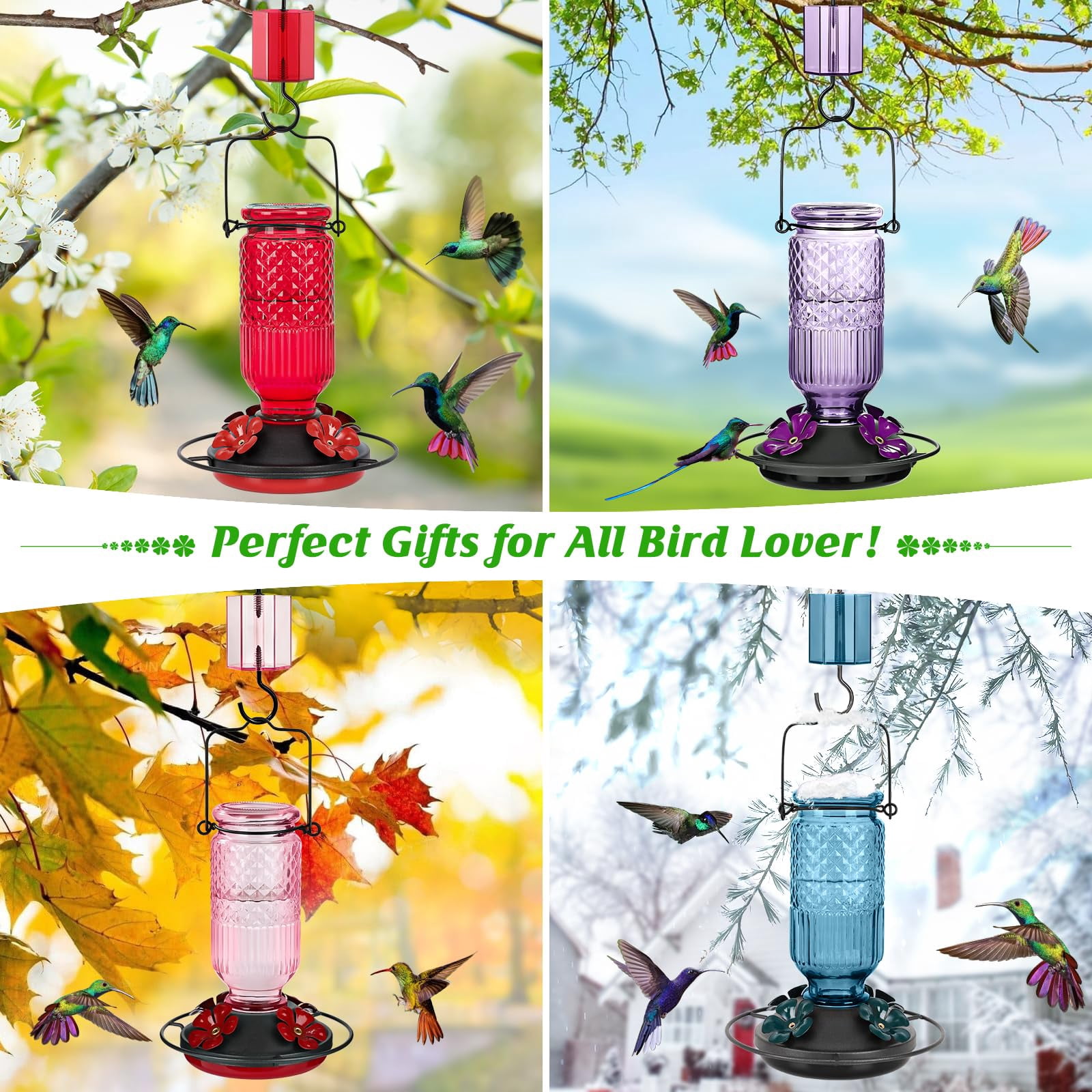 Glass hummingbird feeder, 16 oz outdoor hanging bird feeder with anti-ant trough, 4 bee-proof feeding openings, 360° perch, leak-proof.