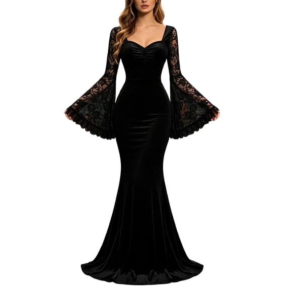 IWRICH Velvet Gothic Maxi Dress for Women Dresses with Lace Bell Sleeves Goth Vintage Halloween Gown