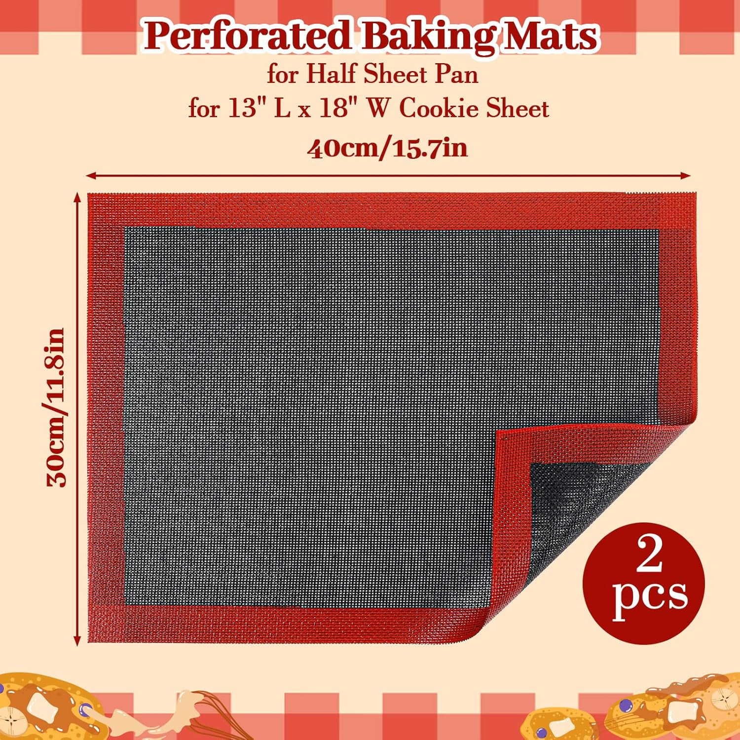 2Pcs Perforated Baking Mats, Eclair Silicone Mat for Half Sheet, Non Stick Reusable Oven Liners Reusable Air Mesh Silicone Mat for Making Bread/Pizza/Pastry/Cookie 15.8" x 11.8"