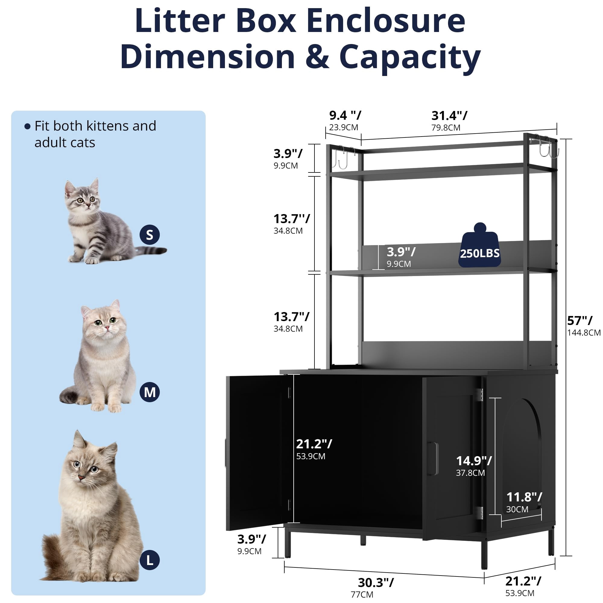 Cozy Castle Cat Litter Box Enclosure - 57'' Wooden Furniture with Large Cabinet, Shelves & 4 S-Hooks, Hidden Pet Washroom Indoor, Black