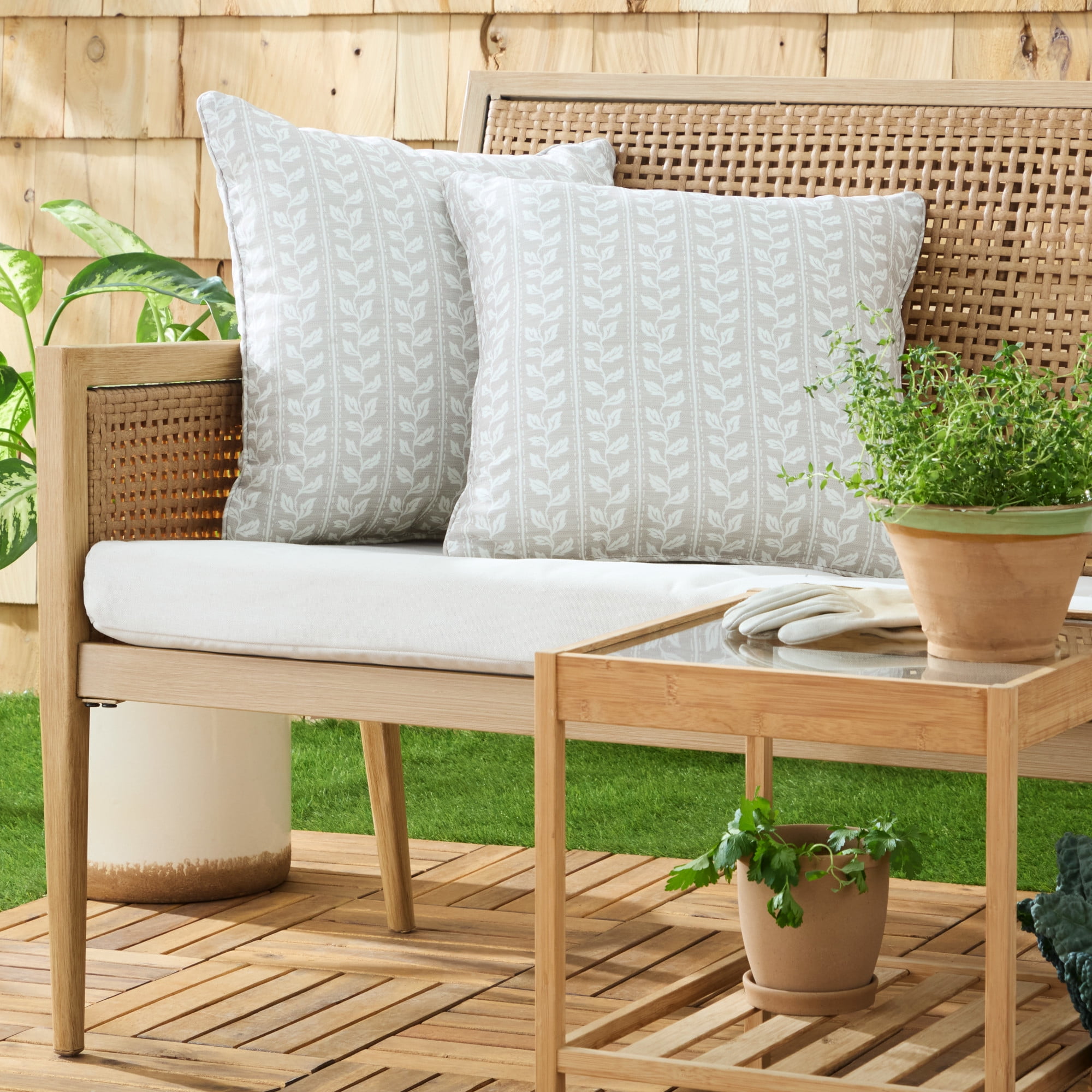 MARTHA STEWART Vineyard Vines Indoor Outdoor Decorative Pillow 2-Pack Set, UV Fade Resistant, Water Repellent, Printed Garden Design, Warm Grey, 18"x18"