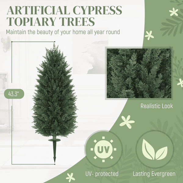 2-Pack 43.3" Artificial Cypress Trees - 1047 PE Leaves Each UV-Resistant Plastic-Aluminum Ground Stakes Indoor/Outdoor Use for Pots/Gardens