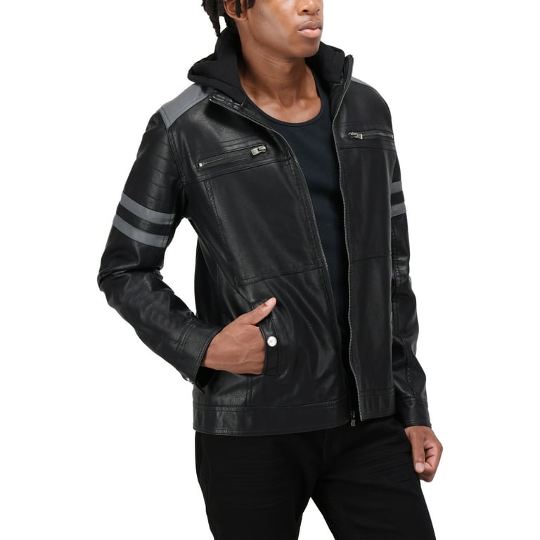 X RAY Jeans Mens Grainy PU Leather Hooded Jacket with Faux