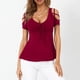 thumbnail image 2 of Camiseta de manga corta de Color sólido con hombros descubiertos y tirantes cruzados con lazo y cuello en V para mujer Pompotops  hkajfhjk461790, 2 of 6