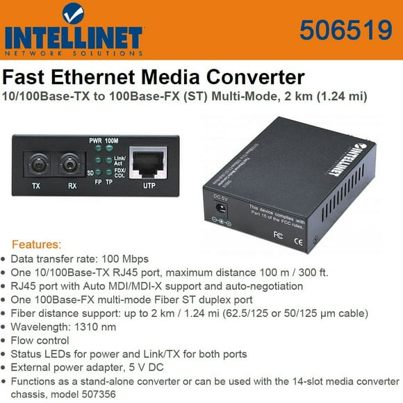 Intellinet 506519 Convertisseur de Média Ethernet Rapide 10100Base-TX à 100Base-FX (ST)