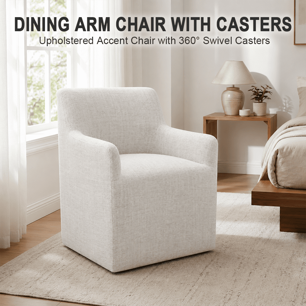 Aenkyo Upholstered Dining Arm Chair with Casters, Barrel Back Rolling Accent Chair, White