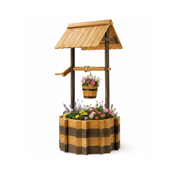Zimtown Wooden Wishing Well Planter with Roof, 45.7in Tall Rustic Solid Wood Decorative Planter for Garden Yard Patio, Carbonized Teak
