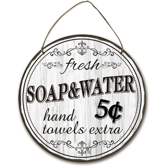 Fresh Soap and Water Sign Wooden Bathroom Sign Hanging Plaque Farmhouse Bathroom Wall Decor with Jute Twine for Toilet Washroom Restroom Home Housewarming Gift 11.8×11.8×0.2"
