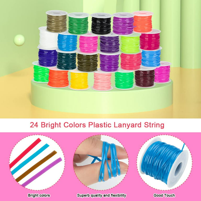 Plastic Lanyard String for Bracelets Making,Gimp String Kit for Kids  Crafts,24 Rolls Plastic Lacing Cord, 24pcs Snap Clip Hooks, Key Chain Ring  Clips for Friendship Bracelets,Keychains,Jewelry Making 