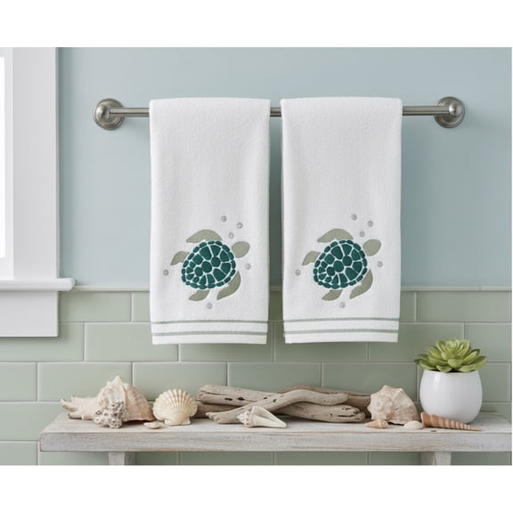 Serafina Home Coastal Bathroom Hand Towels- Set of 2 100% Cotton Embroidered Green Sea Turtle Design- 16 x 25 Bath & Kitchen Decor