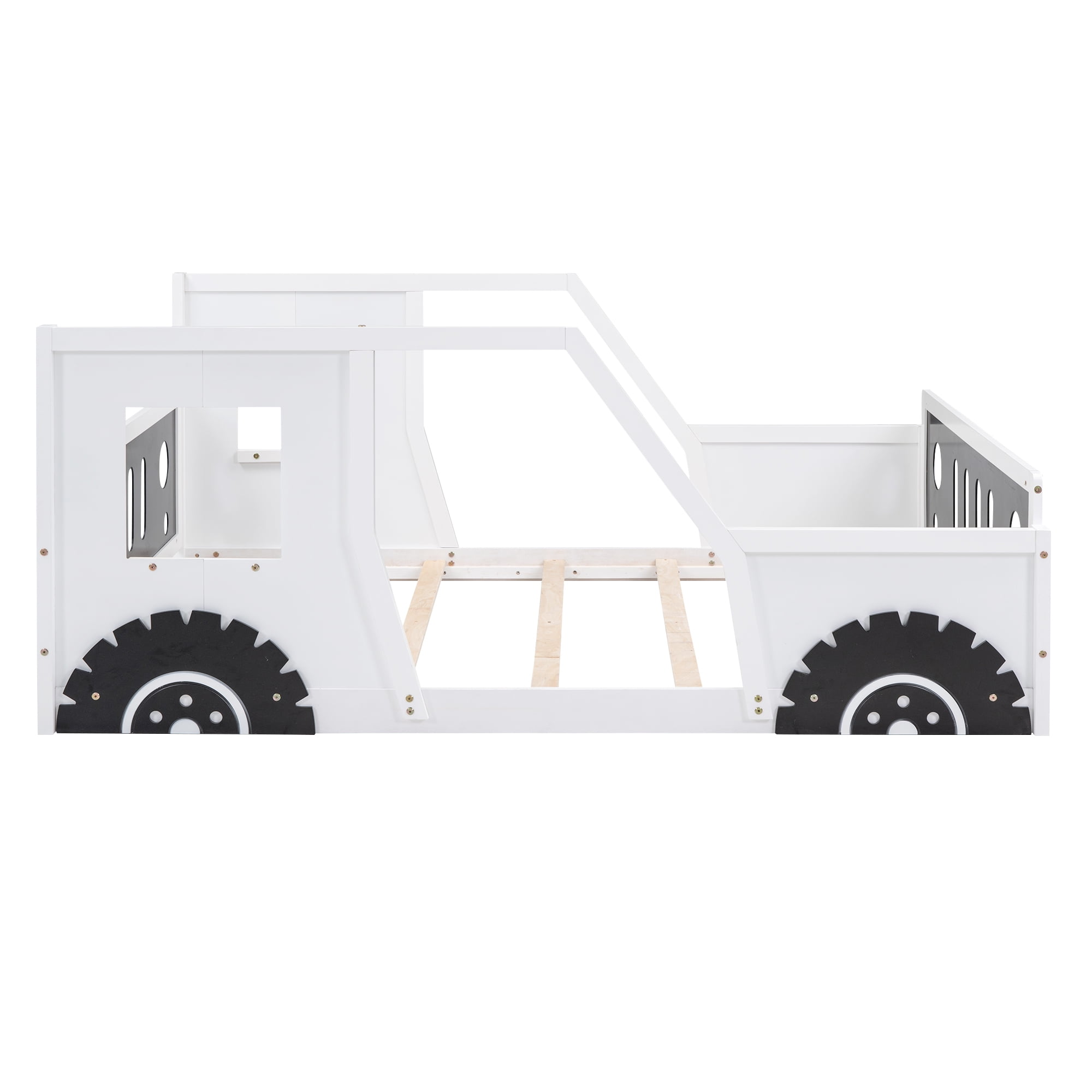 JERFIT Full Size Classic Car-Shaped Platform Bed with Wheels,White