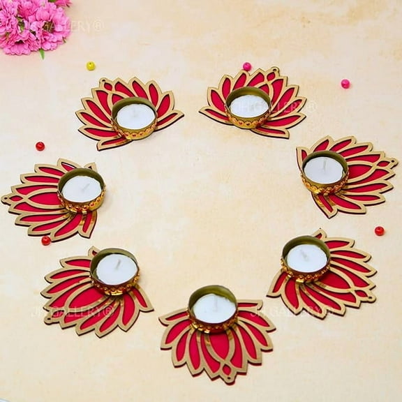 Swadeshi Desire Handcrafted Lotus Tealight Candle Holder|Lotus Reusable Rangoli For Floor|Tealight Candle Holder|Home Decoration Item For Diwali|Lotus Diya For Pooja-Pack Of 7, Wood;Iron,Gold
