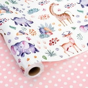 HOMERAL Baby Shower Wrapping Paper, Reversible Baby Gift Wrapping Paper, Lovely Giraffe, Elephane Animal Newborn Gift Wrap for 1st Birthday, Children Celebration, Safari Jungle Party - 17 In X 33 Ft