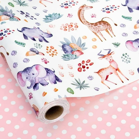 HOMERAL Baby Shower Wrapping Paper, Reversible Baby Gift Wrapping Paper, Lovely Giraffe, Elephane Animal Newborn Gift Wrap for 1st Birthday, Children Celebration, Safari Jungle Party - 17 In X 33 Ft
