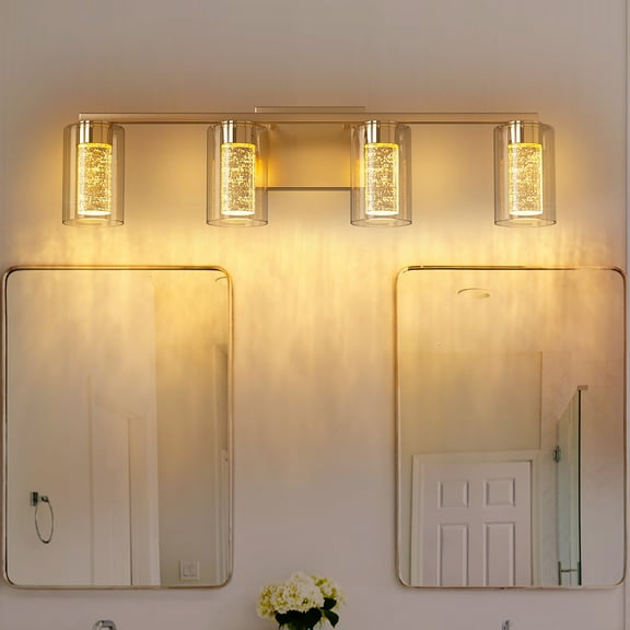 28W 4-Light Brushed Nickel Crystal LED Integrated Vanity Light for Bathroom,3000/4000/6000K Adjustable