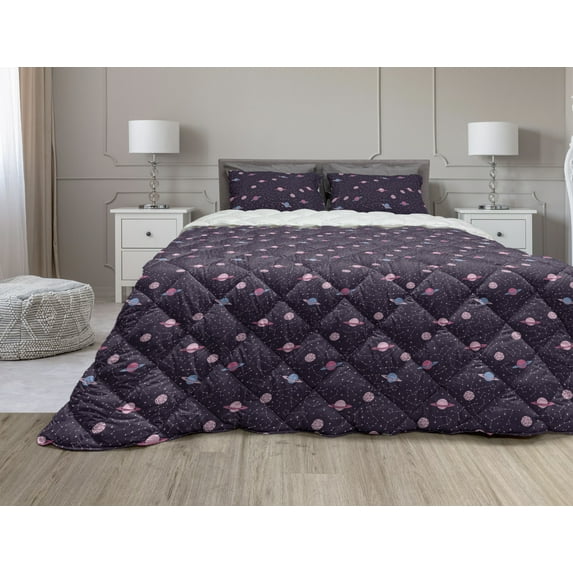 Space Comforter & Sham Bedding Set, Astronomic Pattern from Zodiac Constellations Planets and Moons Motifs Along Saturn, 3 pcs Duvet Set Microfiber Filling Quilt, 5 Sizes, Multicolor, by Ambesonne