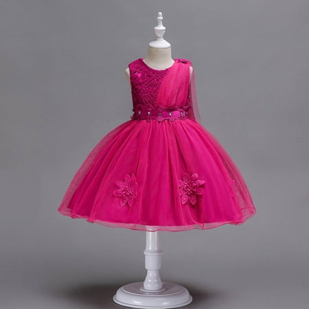 

jsaierl Toddler Girls Net Yarn Embroidery Flowers Mesh Birthday Party Gown Long Dresses