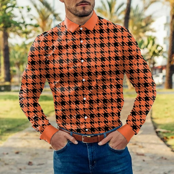 Camisas Para Hombre Camisa de manga larga con boton de solapa y estampado a cuadros informal para hombre Orange XL Walmart en linea