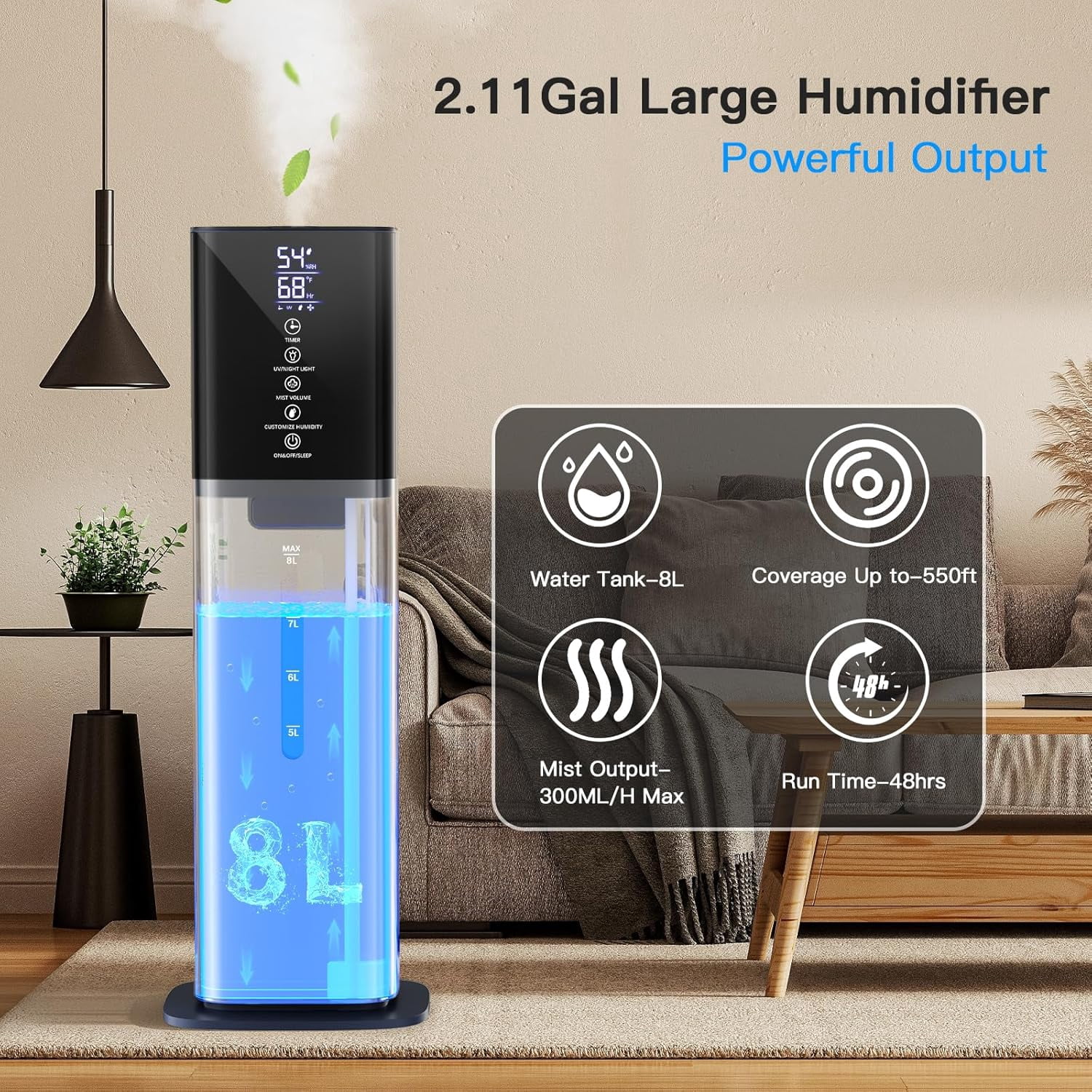 Humidifiers Large Room Bedroom with 7 Colors Light, 2.1Gal(8L) 3 Speed Quiet Ultrasonic Cool Mist Humidifier with 360° Nozzle, Humidity Setting, Timer,Aroma Box for Home Plant Baby Yoga Sleep (Black)