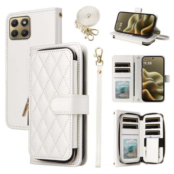 Furiet Argyle Wallet Case for Motorola Edge 5G 2026 with Wrist/Shoulder Strap, Card Slot Zipper Purse Luxury PU Leather Stand Checkered Card Holder Cell Phone Cover for Moto Edge2026 Women White