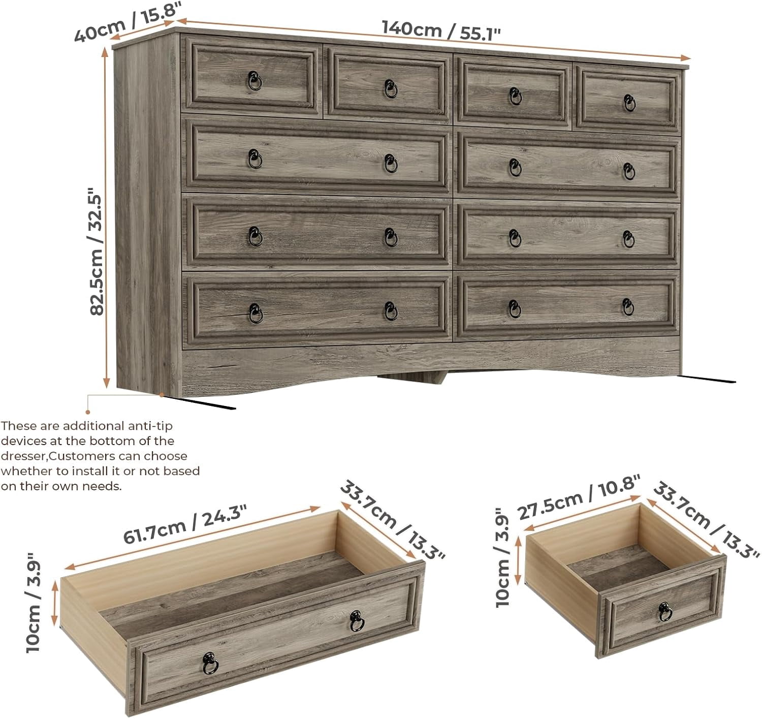 Meteorleg 10 Drawers Dresser for Bedroom, 55.2 Inch Wide Large Dressers & Chests of Drawers, TV Stand for 65 inch, Storage Organizer Furniture, Hallway, Entryway, Closet,Gray