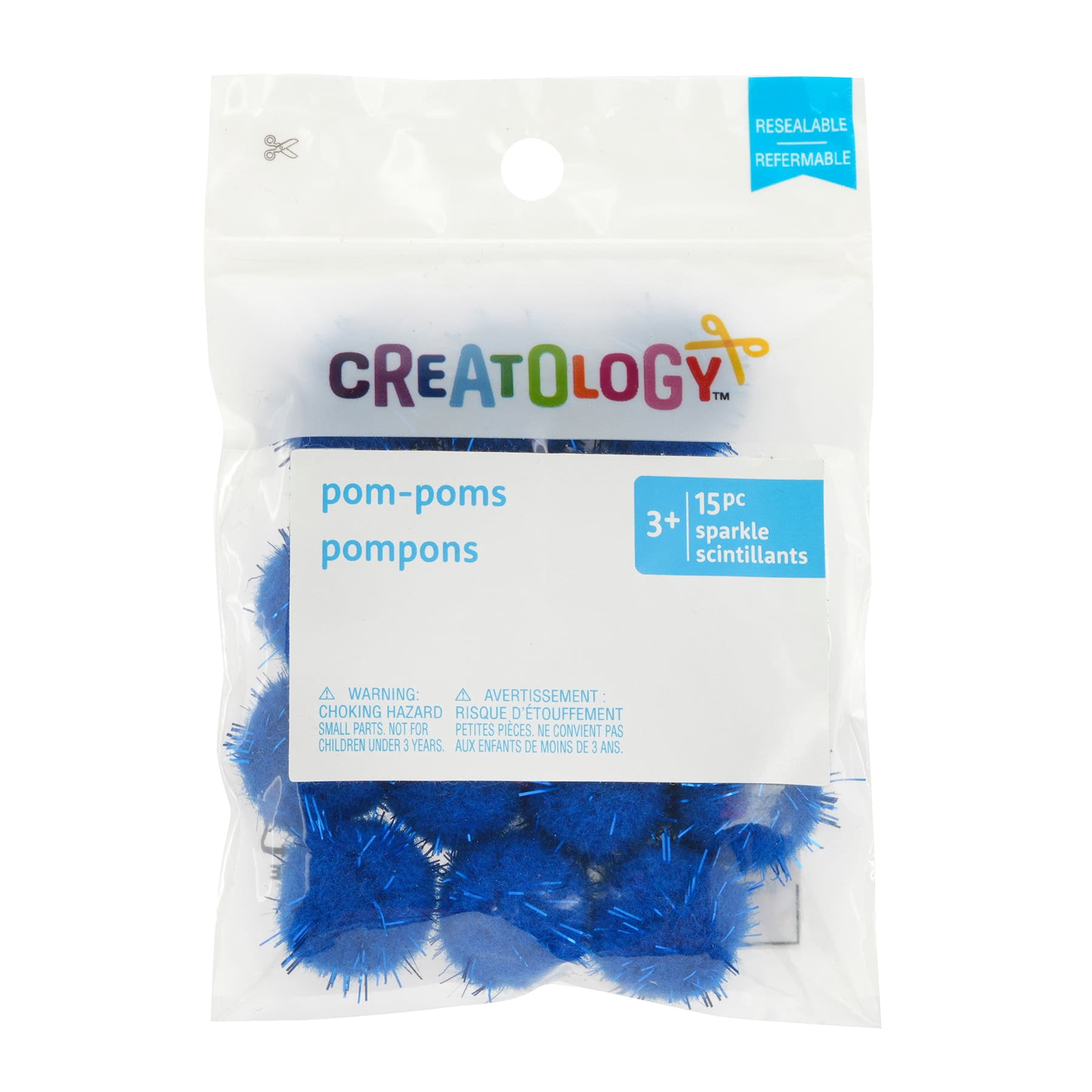 3/4" Blue Sparkle Pom Poms by Creatology – Fluffy Glitter Craft Balls for Kids’ DIY Projects - 24 Pack