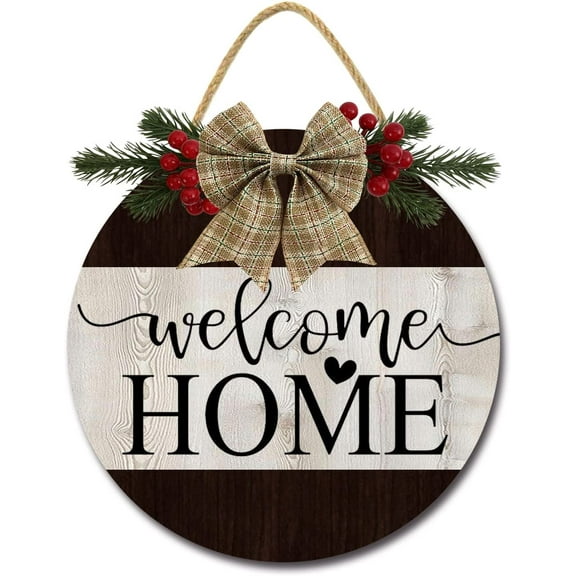 Eveokoki 12" Welcome Home Signs for Front Door Farmhouse Porch Rustic Round Wooden Hanging Wreaths for Housewarming Gift Christmas Festival Decoration Outdoor Indoor Wall Decor