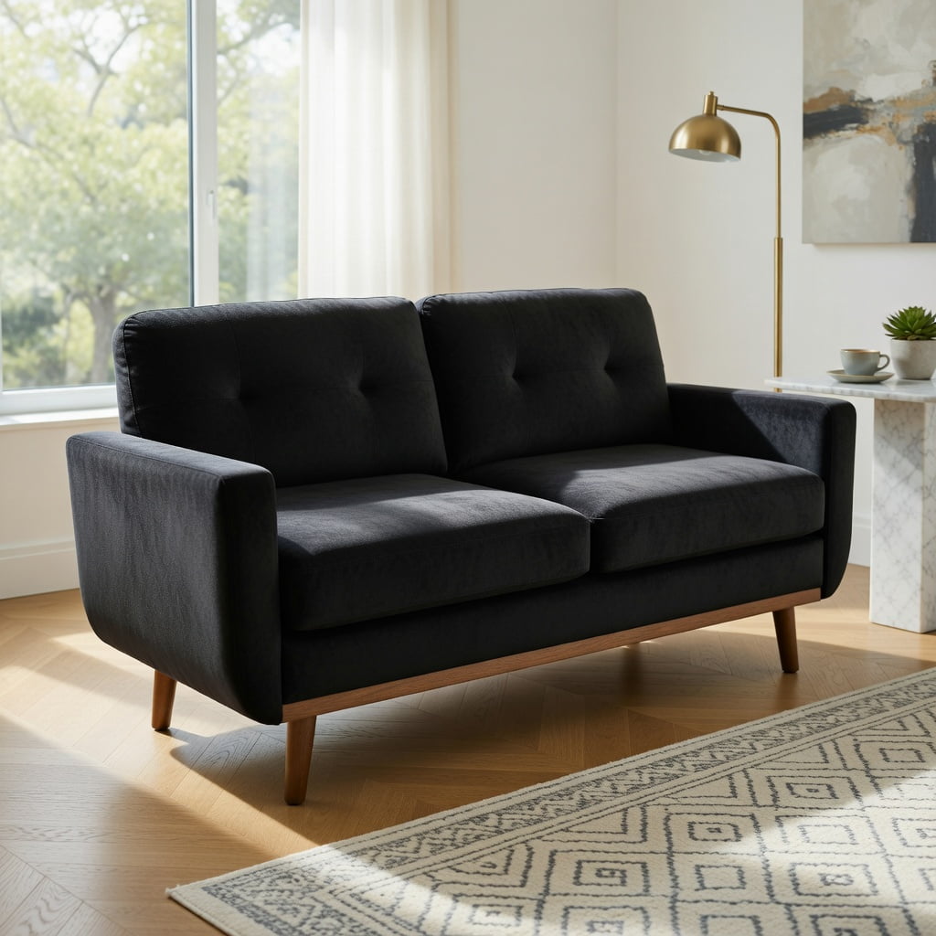 Hommoo 65" Mid-Century Modern Two-Seater Sofa, Breathable Foil Polyester Fabric, Solid Wood Legs, Tool-Free Assembly, Black